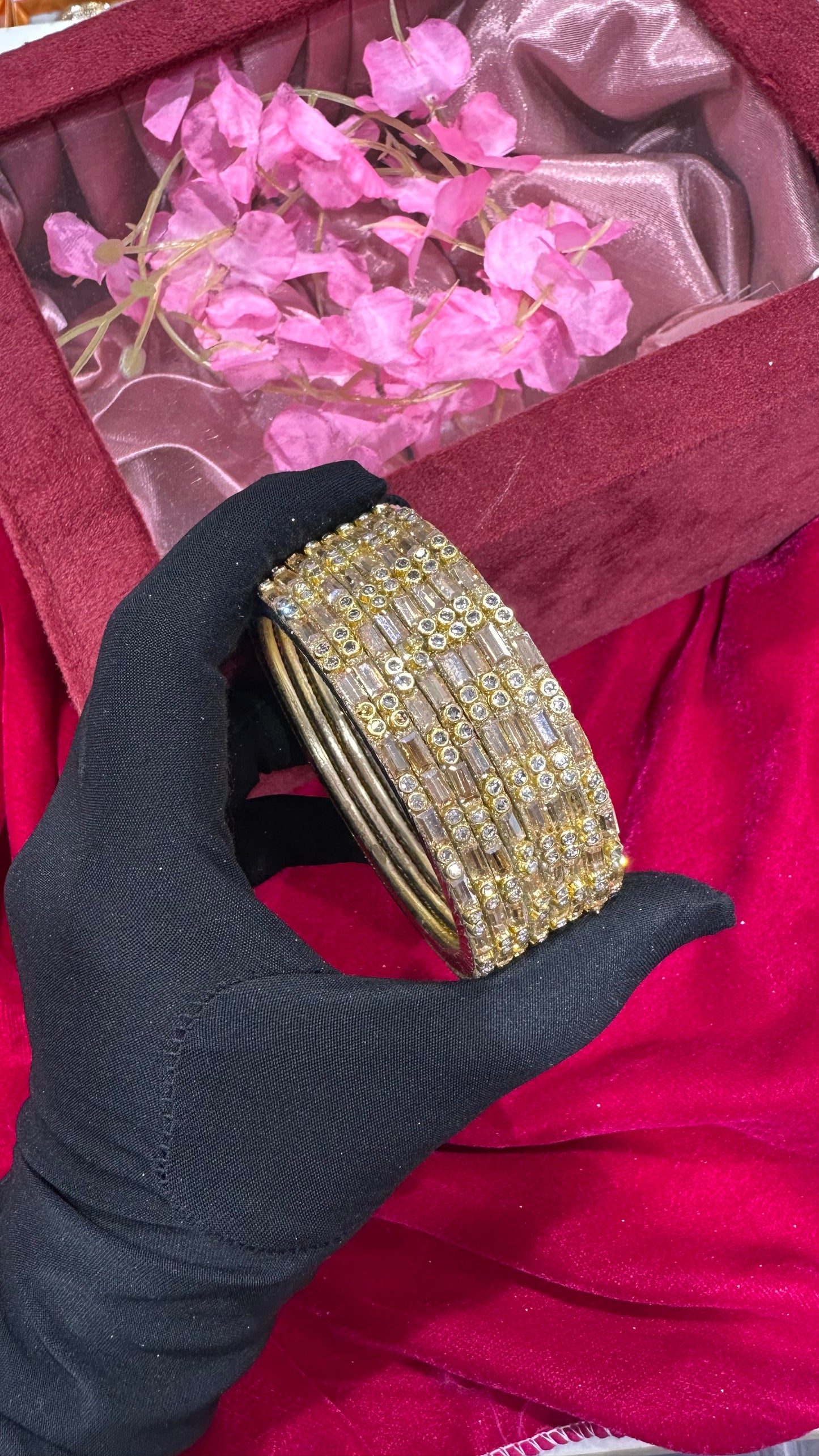 Brass Bangle Set of 8 with Alternate Rectangle & Round Stones in Shadow Creme (Sizes 2/4, 2/6, 2/8)