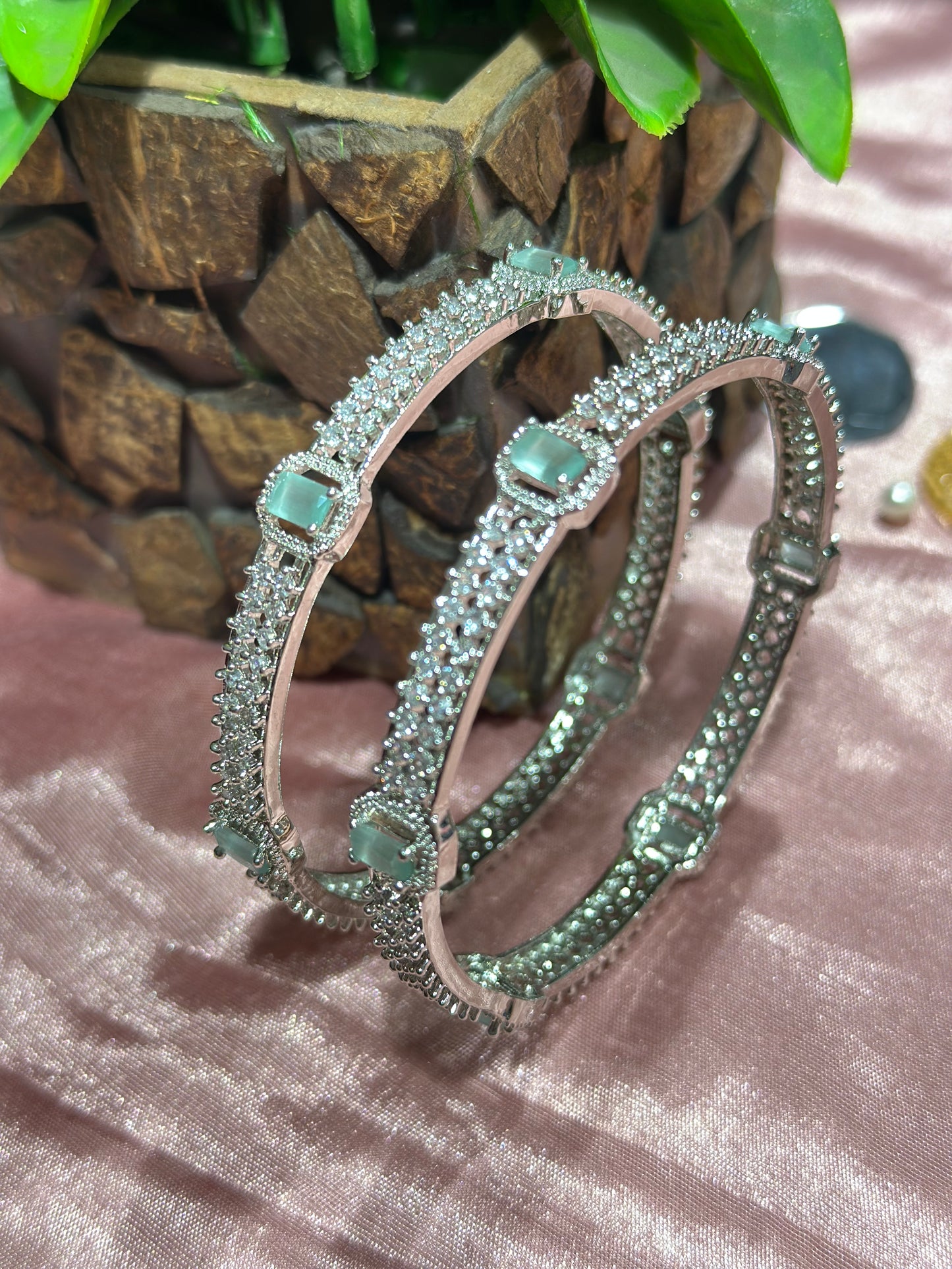 American Diamond Bangles with Green Stones (Set of 2)