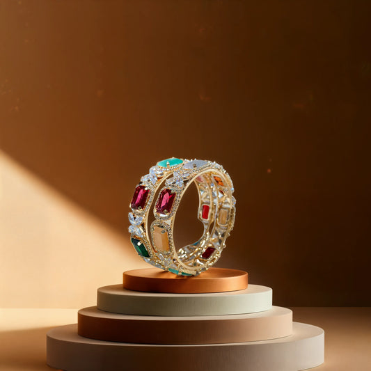 2 Beautiful American Diamond Bangles with Large Multicolor Stones on a Golden Base
